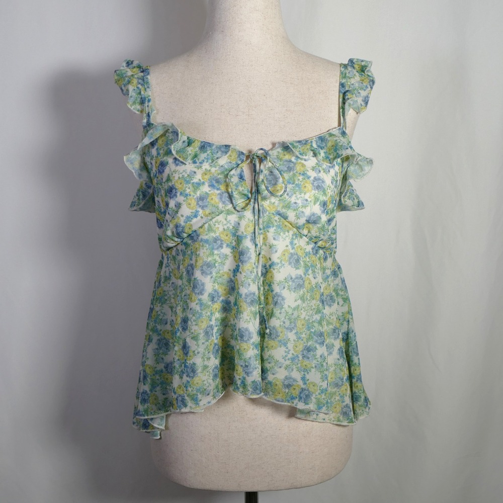 Womens Y2K Fairy Dainty Floral Babydoll Top Size S Ruffle Tie Front Whimsical